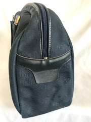 Vintage Christian Dior navy handbag with logo jacquard nylon and leather trimmings. Classic purse.
