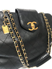 Vintage CHANEL black classic supermodel shoulder bag with golden CC. Jumbo, large shoulder purse from old era. Must have daily use Chanel.