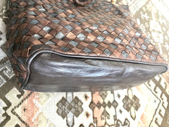 Vintage Bottega Veneta intrecciato woven lambskin shoulder tote bag in metallic, bronze and gunmetal color combo. One-of-a-kind purse.