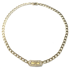 Vintage Christian Dior flat chain necklace with CD bar pendant top and rhinestone crystals. Gorgeous jewelry.