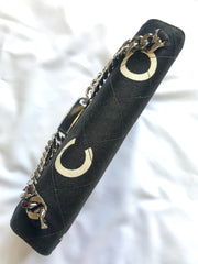 Vintage CHANEL black fabric canvas handbag with silver tone chain strap and white Chanel CC logo print all over. Very unique shape.