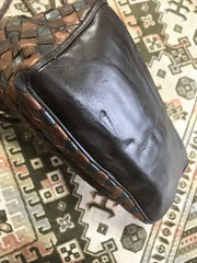 Vintage Bottega Veneta intrecciato woven lambskin shoulder tote bag in metallic, bronze and gunmetal color combo. One-of-a-kind purse.