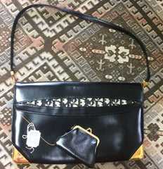 Vintage Christian Dior black calfskin leather large clutch shoulder purse with navy trotter jacquard and golden frames.Comes with coin case.