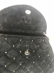 Vintage Valentino Garavani black suede leather shoulder bag, clutch purse with crystal stones and scale quilted stitches.