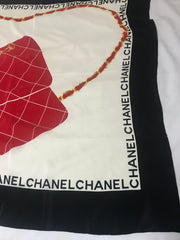 Vintage Chanel red 2.55 bag print scarf. Classic silk scarf in ivory, black and red. Large silk scarf. Gorgeous wrapping.