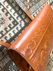 Vintage FENDI brown leather shoulder bag, large clutch purse with embossed art, Ancient Greece, Mermaid. One-of-a-kind, great masterpiece