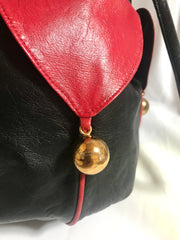Vintage MOSCHINO black and red Pierrot design shoulder bag with golden bell balls. 3D Round shape purse. Too cute to carry.