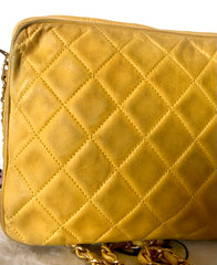 Vintage Chanel yellow lambskin camera bag style chain shoulder bag with fringe and CC stitch mark. Good daily purse. Good fortune color.