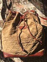 Vintage Mulberry brown khaki quilted suede leather bucket hobo bag with brown croc embossed shoulder strap. Unisex bag. Roger Saul era.