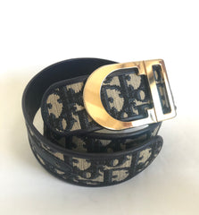 Vintage Christian Dior navy leather and logo jacquard belt with golden CD buckle. Size 70.