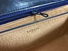 Vintage LANVIN classic dark navy lamb leather vertical stitch design shoulder bag with iconic golden logo motif. For daily use.