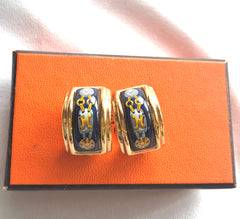 Vintage Hermes cloisonne golden earrings with blue and yellow chain, medal charm, H logo jewelry print design. Great gift idea.