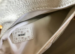 Vintage CHANEL white color caviar leather chain shoulder large tote bag with gold-tone chain handles and large CC stitch mark.