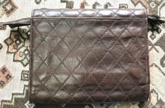 Vintage CHANEL brown goatskin clutch bag, large wallet, bill, checkbook, iPhone purse with a tassel and golden mini CC motif. Unisex use.
