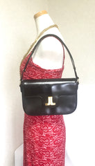 Vintage LANVIN dark brown leather elegant shoulder bag with iconic golden logo motif, Classic purse for daily use.