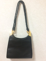 Vintage LANVIN black leather trapezoid shape shoulder bag with kiss lock closure and snail design brass and braided straps. Masterpiece.