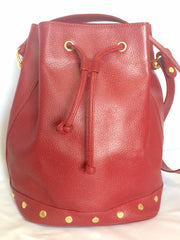 Vintage LANVIN apricot red hobo bucket shoulder bag with studded logo motifs.