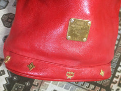 80's vintage MCM genuine leather red hobo bucket shoulder bag with gold tone hardware. Designed by Michael Cromer. Unisex bag for daily use.