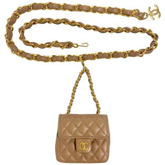 Vintage CHANEL brown lambskin mini 2.55 bag charm chain leather belt with golden CC charm. Belt bag, fanny pack chain belt. Must have.