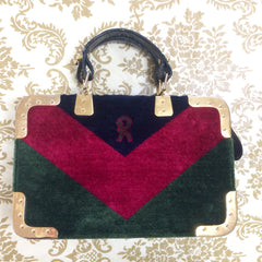 Vintage Roberta di Camerino red, green, and navy chevron velvet square doctor bag with golden hardware frames. Rare masterpiece