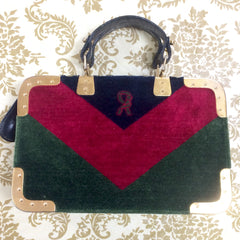 Vintage Roberta di Camerino red, green, and navy chevron velvet square doctor bag with golden hardware frames. Rare masterpiece