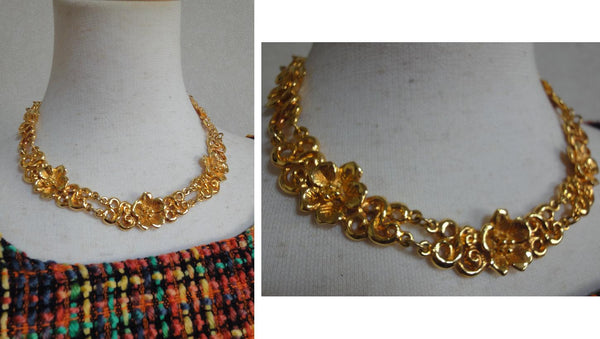 Gorgeous runway masterpiece jewelry. Vintage Sonia Rykiel Bijoux rare golden flower charm art statement necklace and dangling earring set
