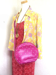 Vintage Valentino Garavani pink leather round shape shoulder purse with white small flower embroideries all over. So chic and cute.