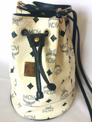 Vintage MCM white and navy monogram small hobo bucket bag. So chic and cute. Great vintage gift.