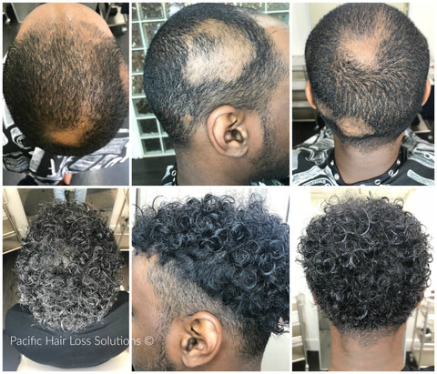 Men's curly human hair piece before and after