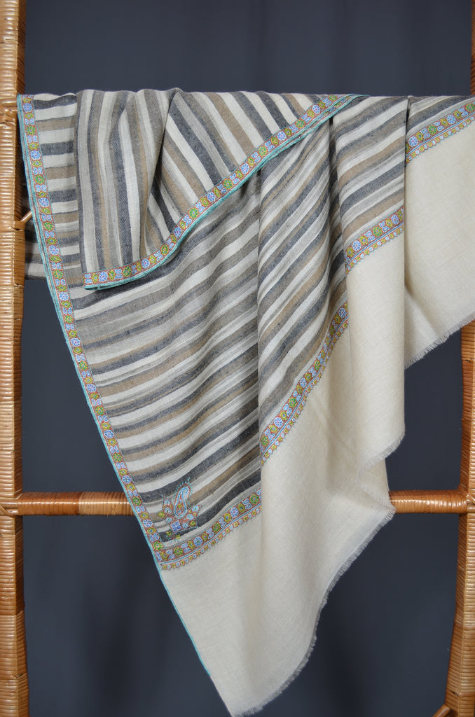 Natural Ikat Border Embroidery Cashmere Pashmina Shawl