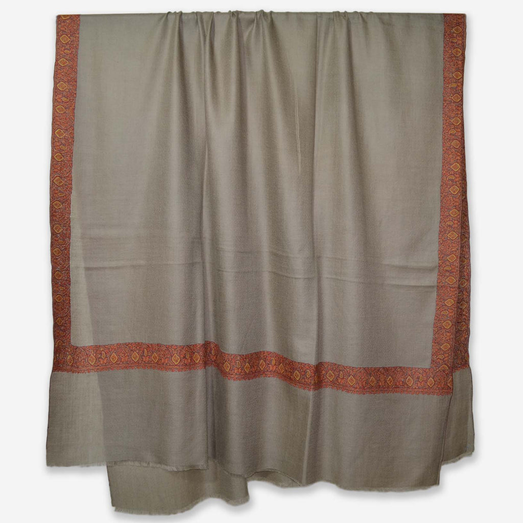 Un Dyed Taupe Border Embroidery Cashmere Travel Wrap