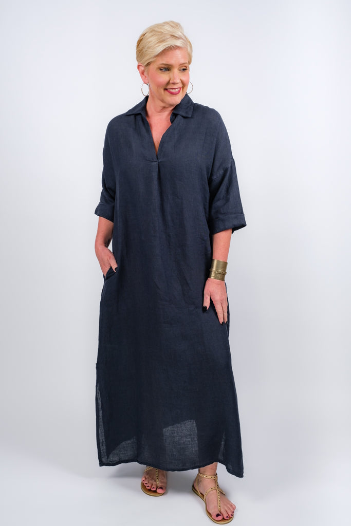 Fernanda Open Collar Linen Dress