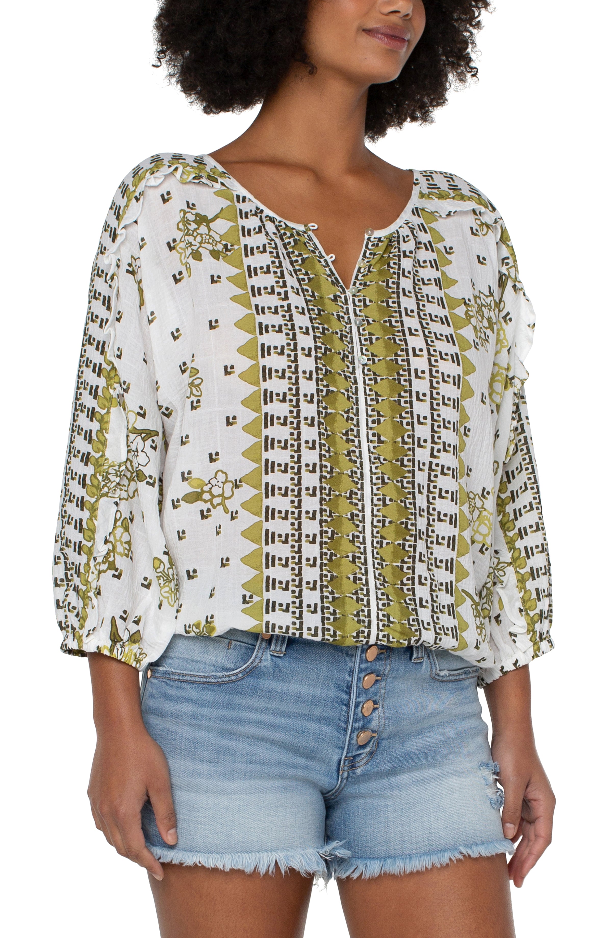 Ruffle Sleeve Dolman Popover - Geo Floral Print