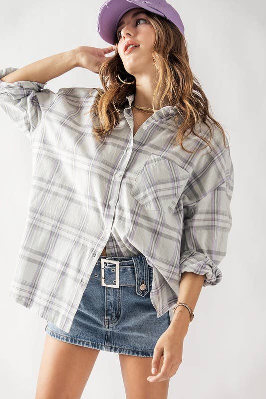 Plaid Drop Shoulder Button Up Top