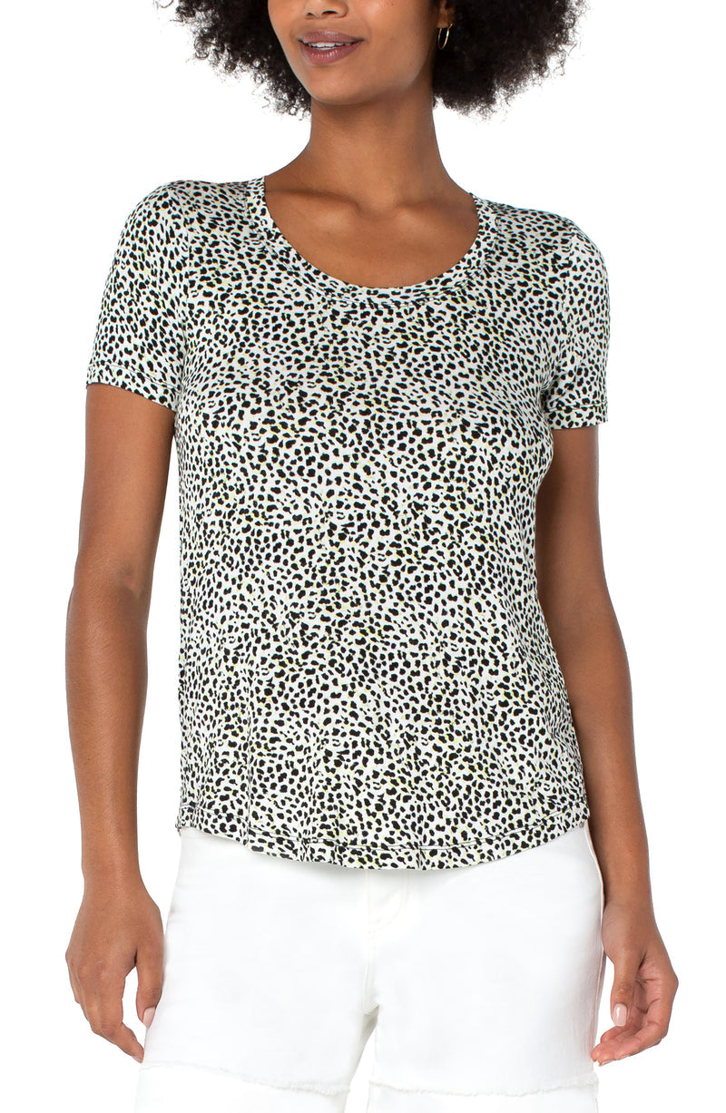 Scoop Neck Short Sleeve Knit Top - White Lime Cheetah