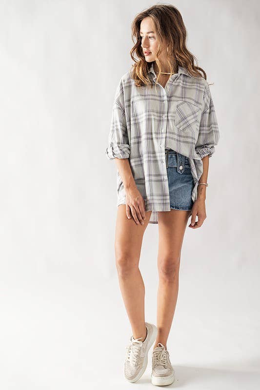 Plaid Drop Shoulder Button Up Top