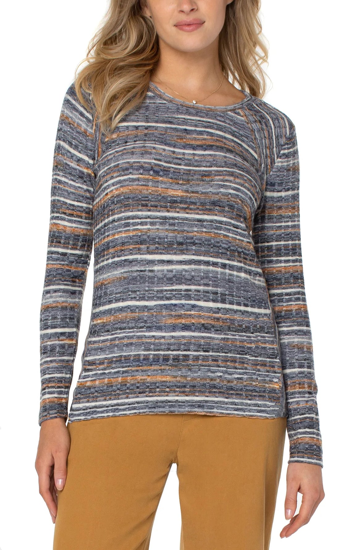 Crewneck Long Sleeve Knit Top - Blue/Dijon Gold