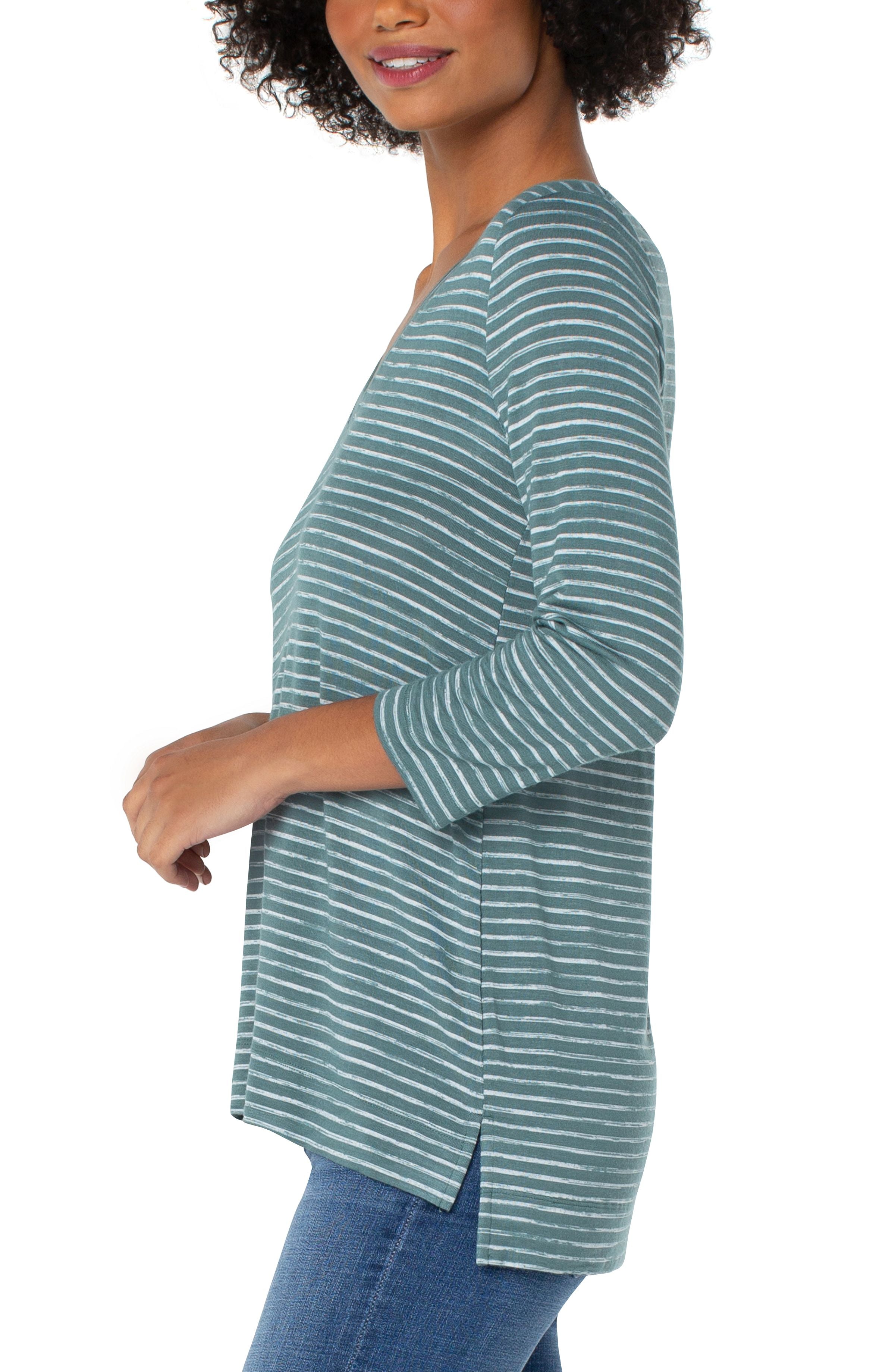 3/4 Sleeve Vneck Knit Top - Shale Green Striped