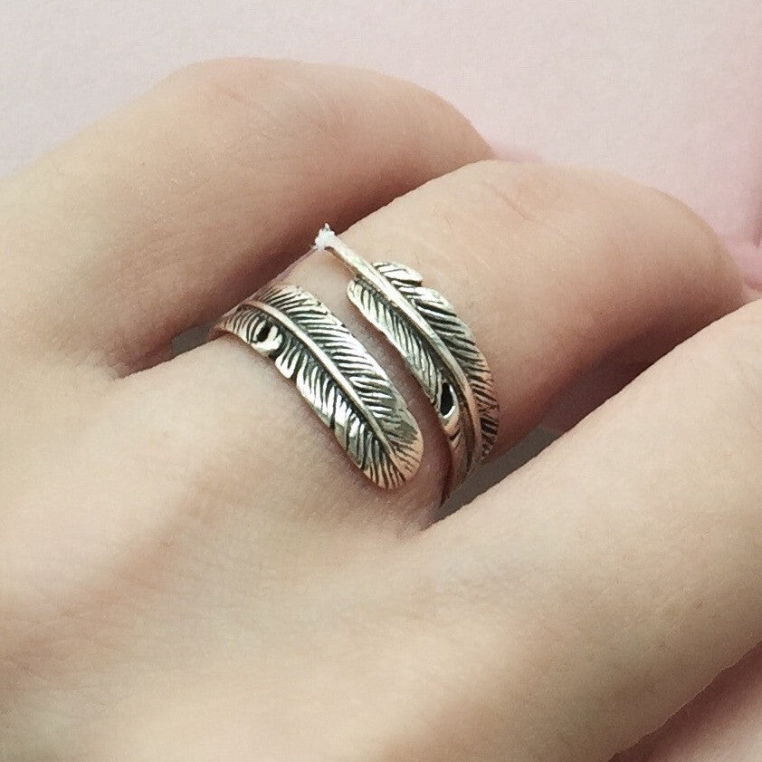 Naiise.com - JL Heart Sterling Silver Feather Adjustable Ring