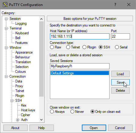 PuTTy - Saving the Configuration