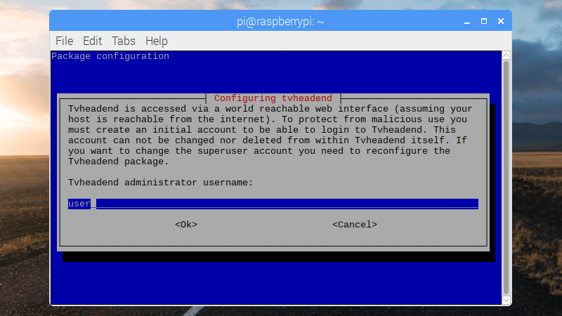 configure tvheadend username