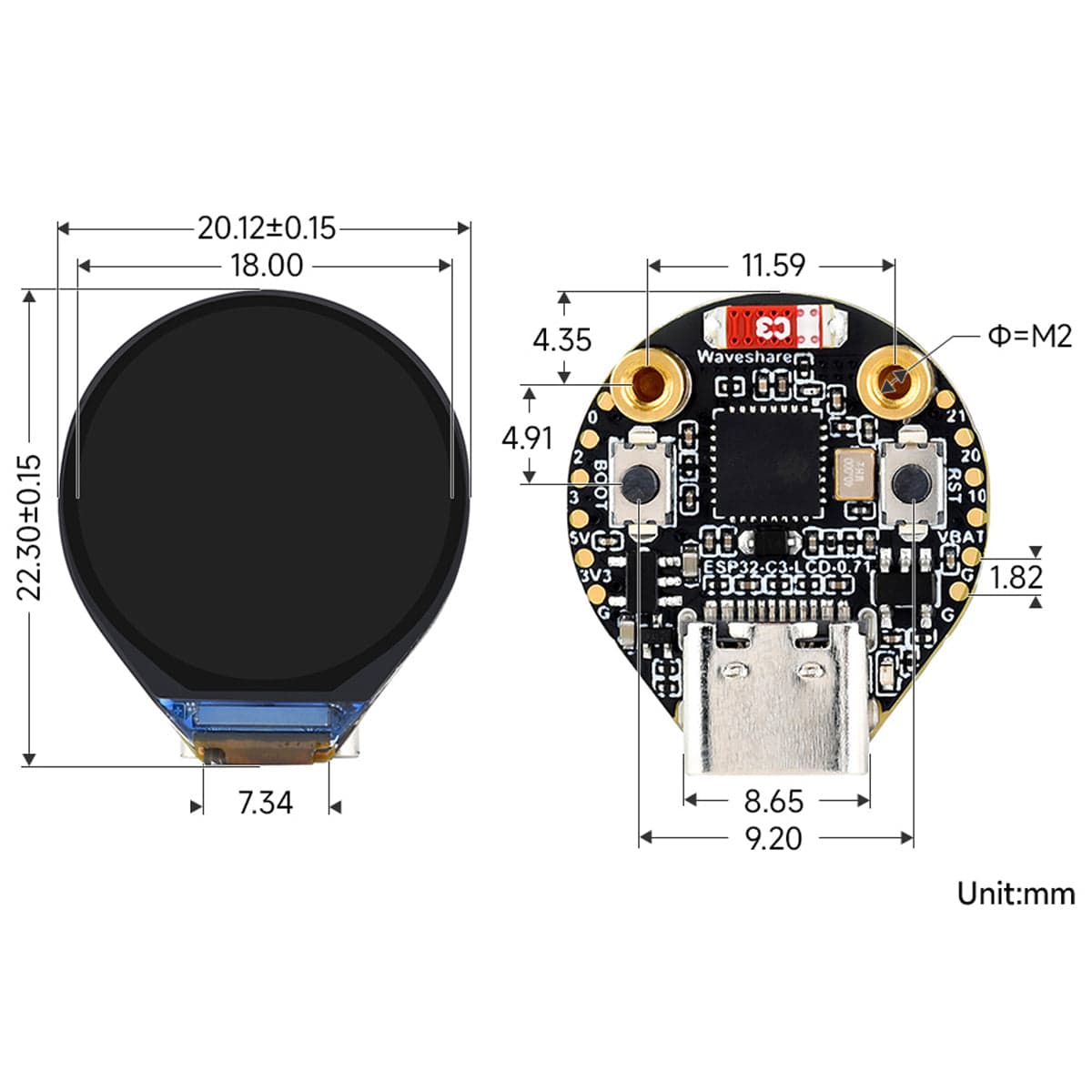 ESP32-C3 Development Board with 0.71" Round IPS LCD Display (160 x 160) by Waveshare - The Pi Hut