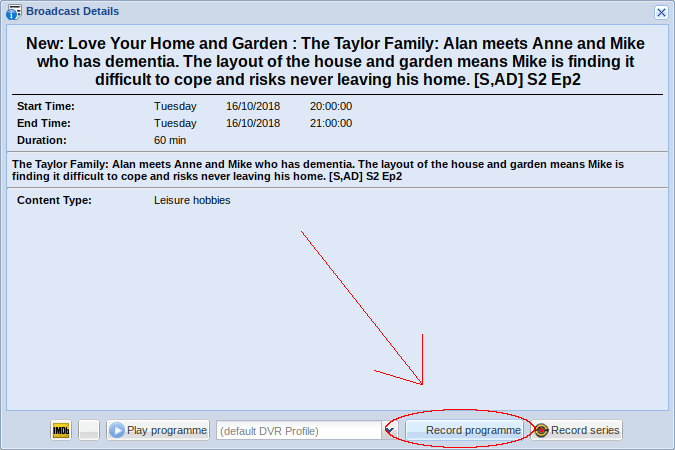 tvheadend EPG Record programme