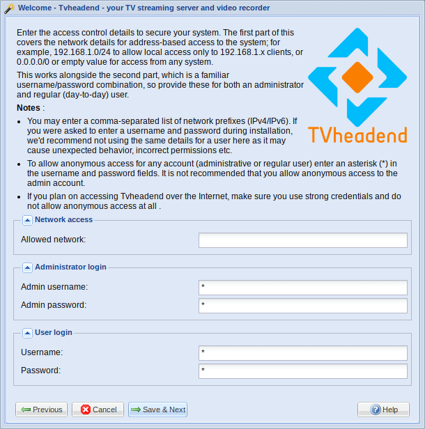 tvheadend wizard network and users