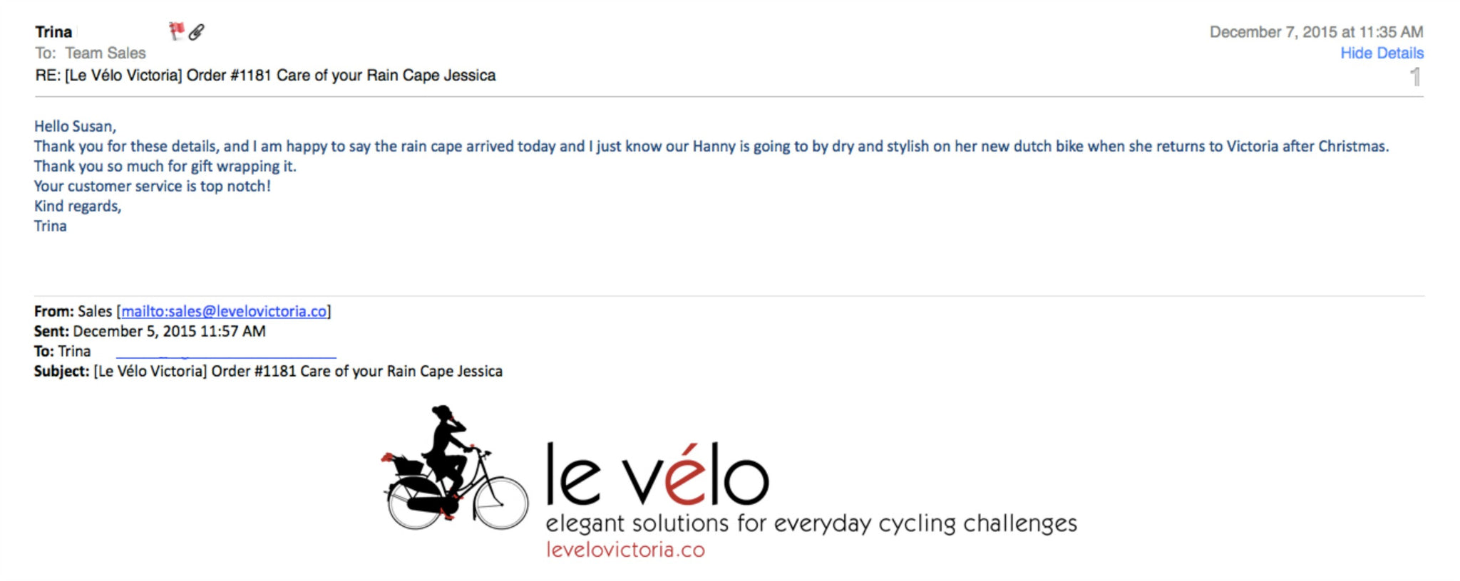 Customer testimonial at le velo victoria for HappyRainydays rain capes and ponchos