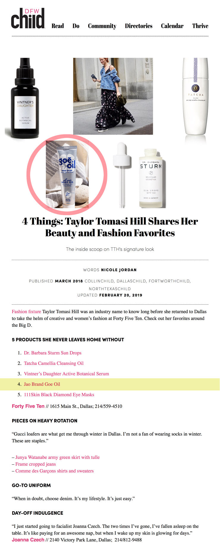 DFW Child: Taylor Tomasi Hill Shares Her Beauty and Fashion Favorites Goe Oil
