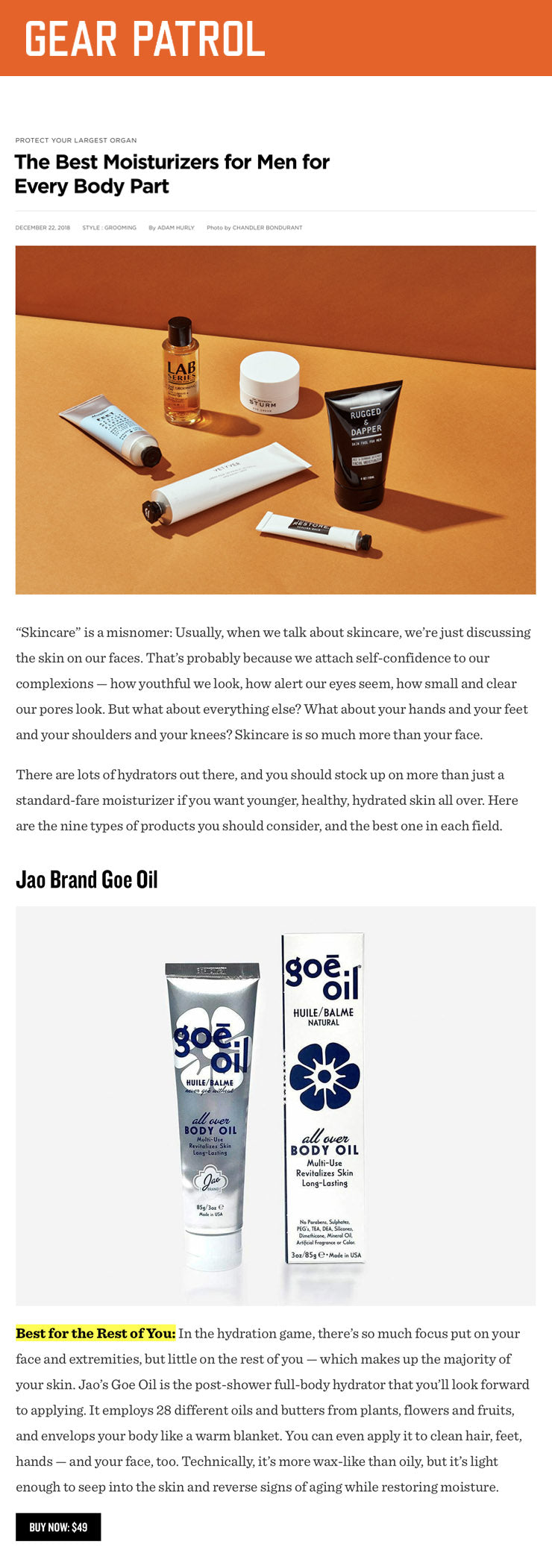 Gear Patrol - Goe Oil - The Best Moisturizers for Men for Every Body Part