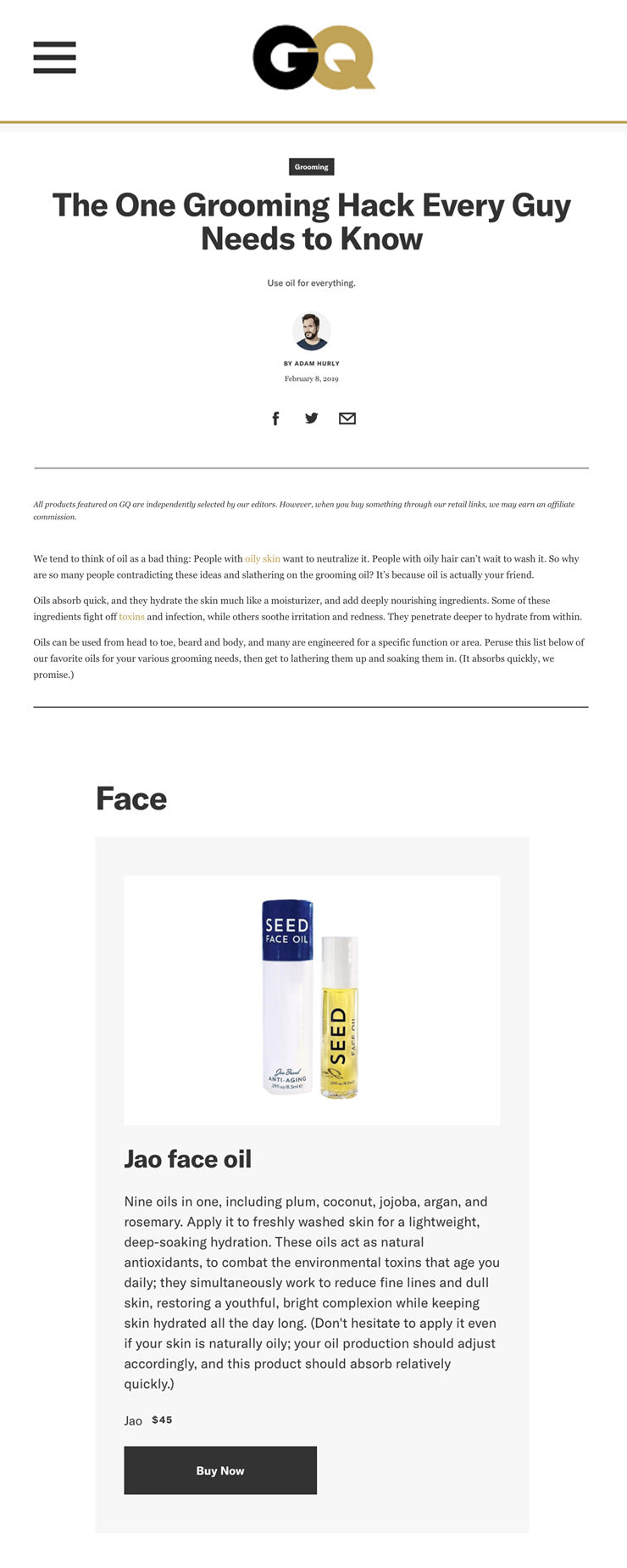 GQ: Jao Seed Face Oil The One Grooming Hack Every Guy Needs to Know