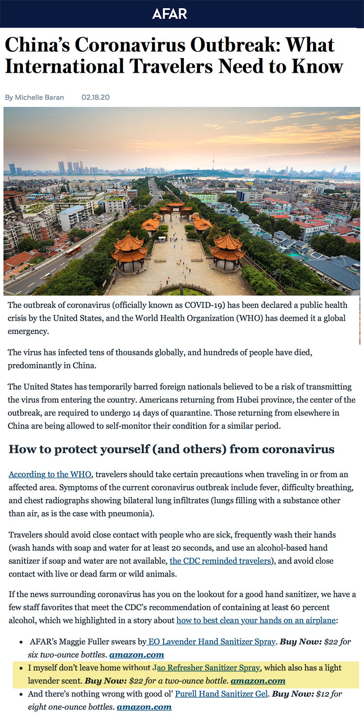 afar - China’s Coronavirus Outbreak: What International Travelers Need to Know - Use Jao Refresher for sanitizer