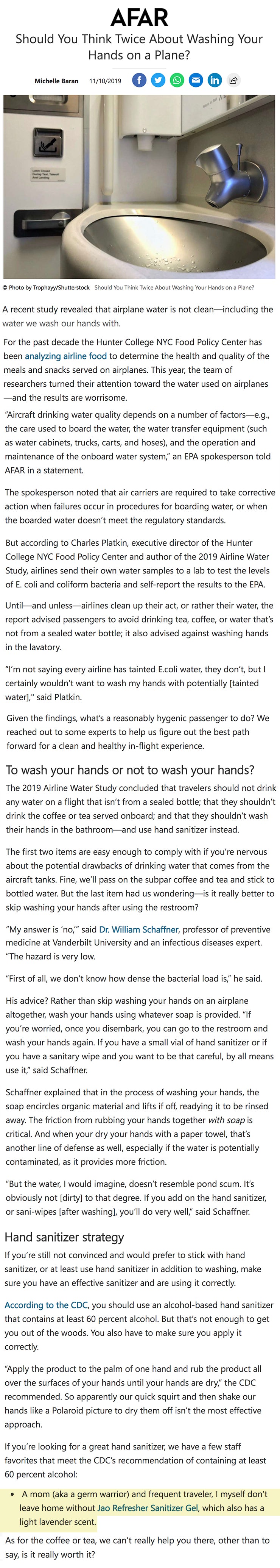 Afar: Wash your hands on a plane? Use Jao Sanitizer